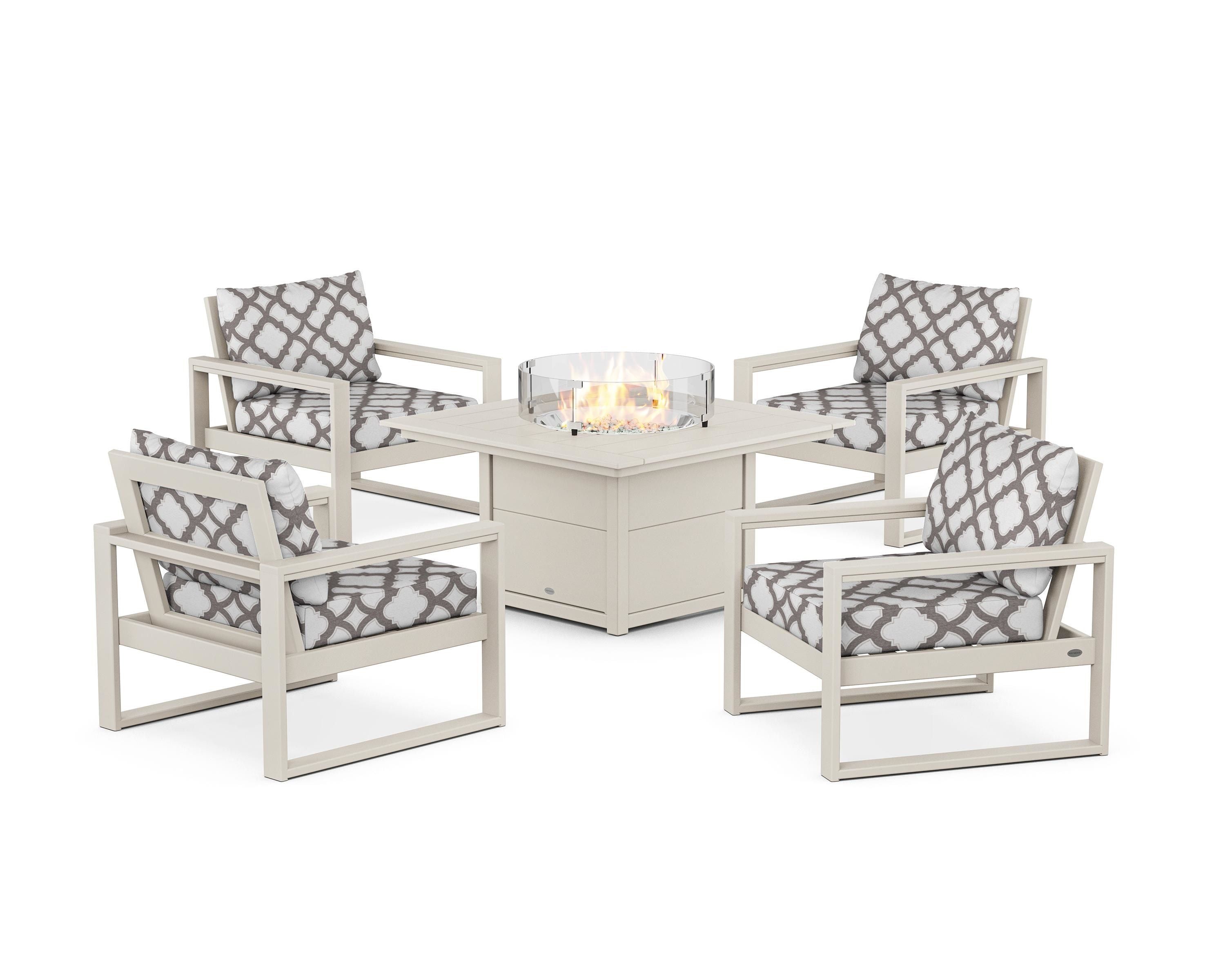 POLYWOOD® EDGE Sectional 5-Piece Deep Seating Set with Fire Pit Table in Sand / Trellis Grey Mist