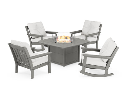 POLYWOOD® Vineyard 5-Piece Deep Seating Rocking Chair Conversation Set with Fire Pit Table in Slate Grey / Natural Linen