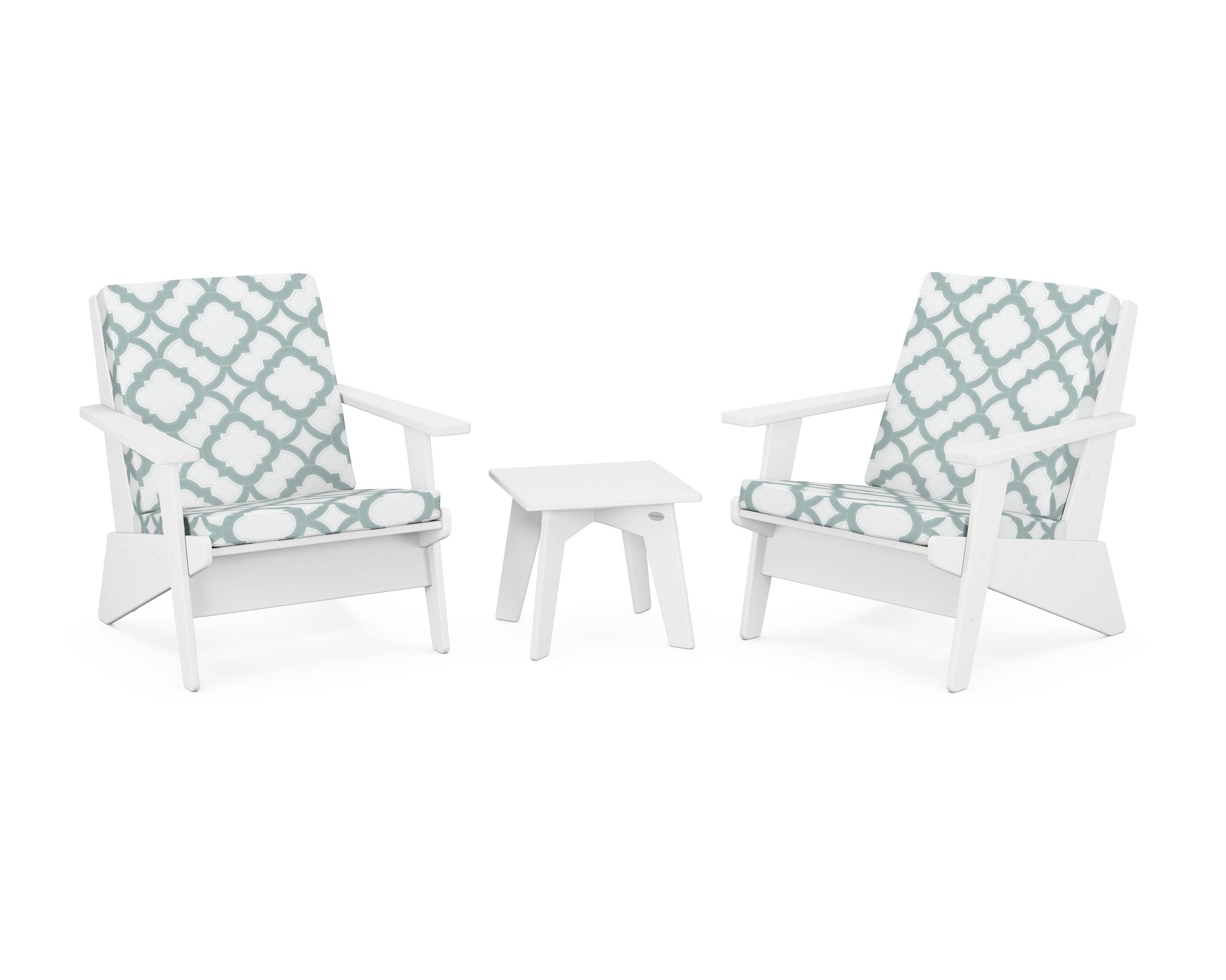 POLYWOOD® Riviera Modern Lounge 3-Piece Set in White / Trellis Glacier Spa