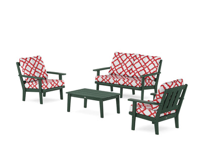 POLYWOOD® Oxford 4-Piece Deep Seating Set with Loveseat in Green / Trellis Crimson