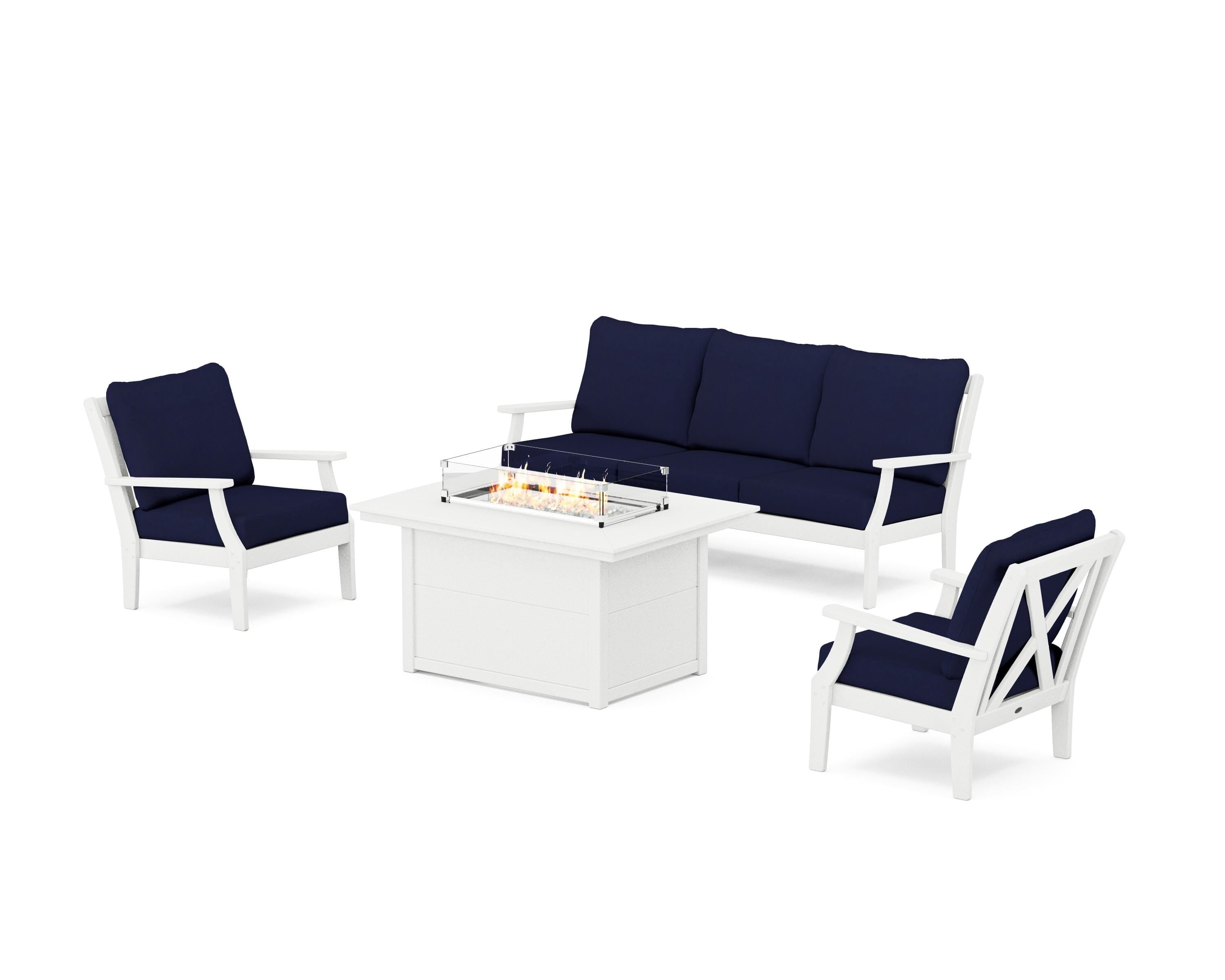 POLYWOOD® Braxton Deep Seating Fire Pit Table Set in White / Navy
