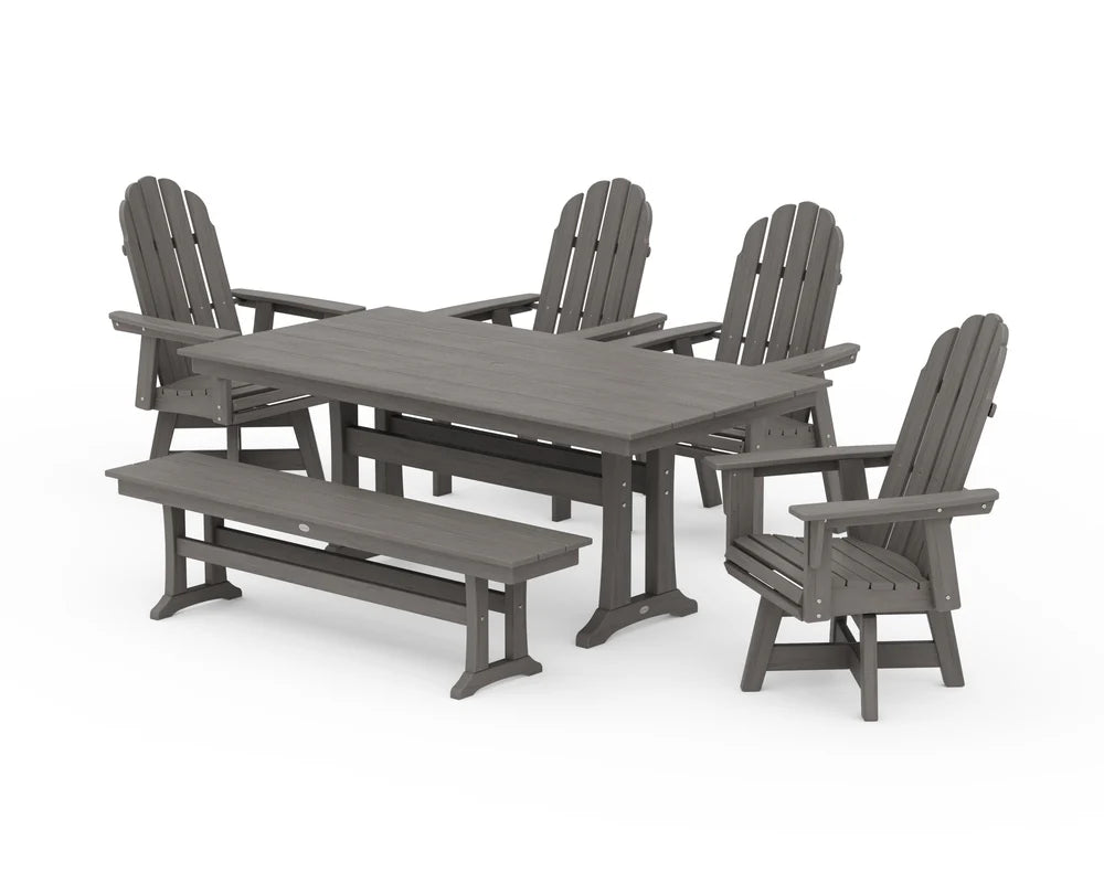 Vineyard Curveback Adirondack 6-Piece Swivel Chair Farmhouse Dining Set with Trestle Legs and Bench