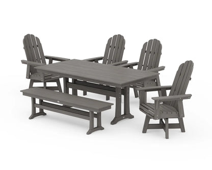 Vineyard Curveback Adirondack 6-Piece Swivel Chair Farmhouse Dining Set with Trestle Legs and Bench