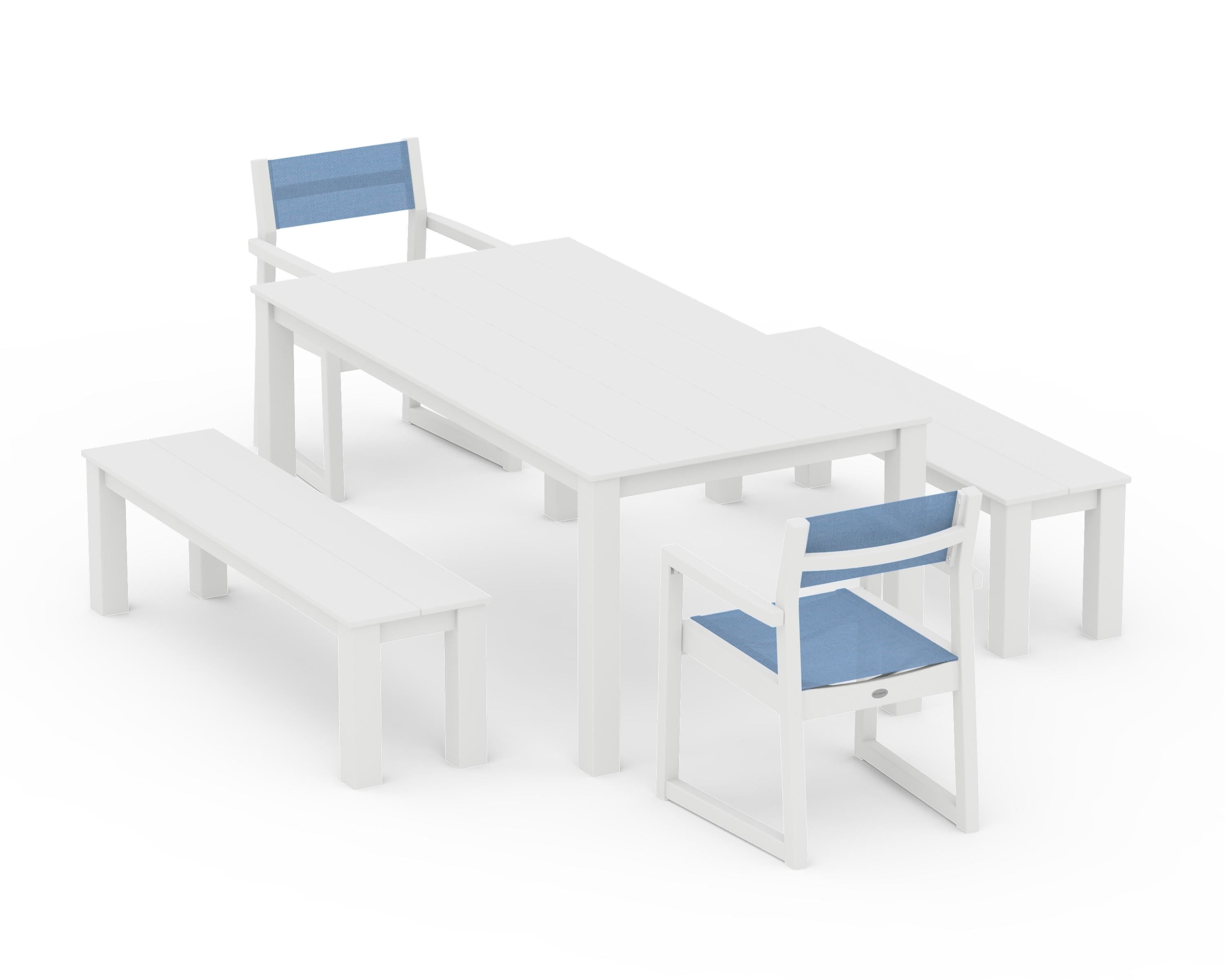 POLYWOOD® EDGE Sling Arm Chair 5-Piece Parsons Dining Set with Benches in White / Poolside Sling