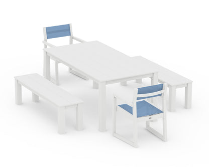 POLYWOOD® EDGE Sling Arm Chair 5-Piece Parsons Dining Set with Benches in White / Poolside Sling