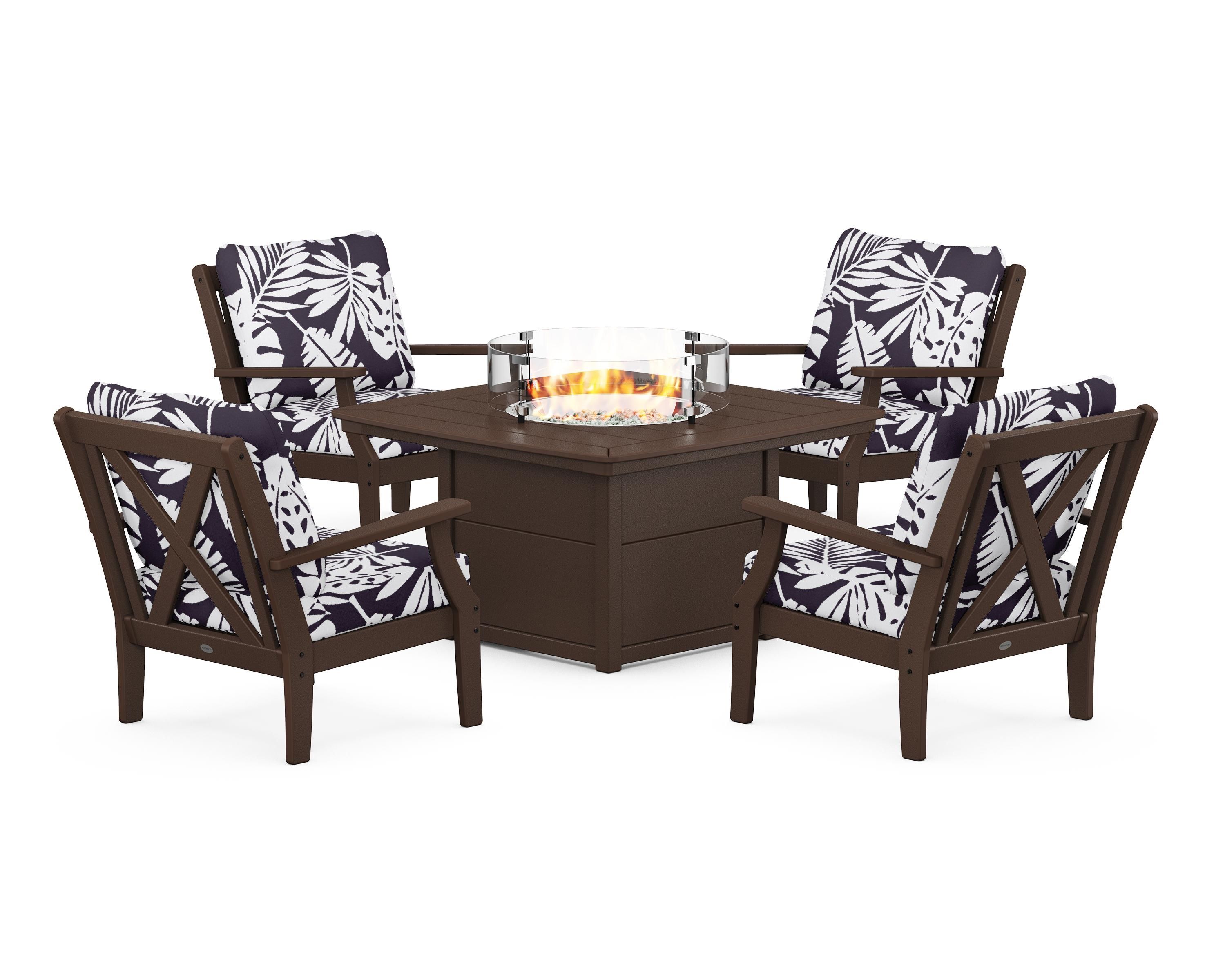 POLYWOOD® Braxton 5-Piece Deep Seating Conversation Set with Fire Pit Table in Mahogany / Leaf Navy