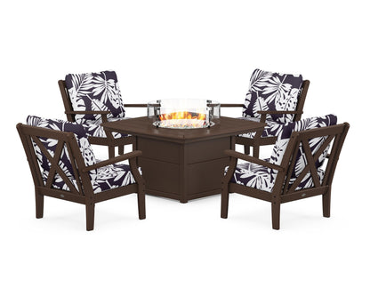 POLYWOOD® Braxton 5-Piece Deep Seating Conversation Set with Fire Pit Table in Mahogany / Leaf Navy