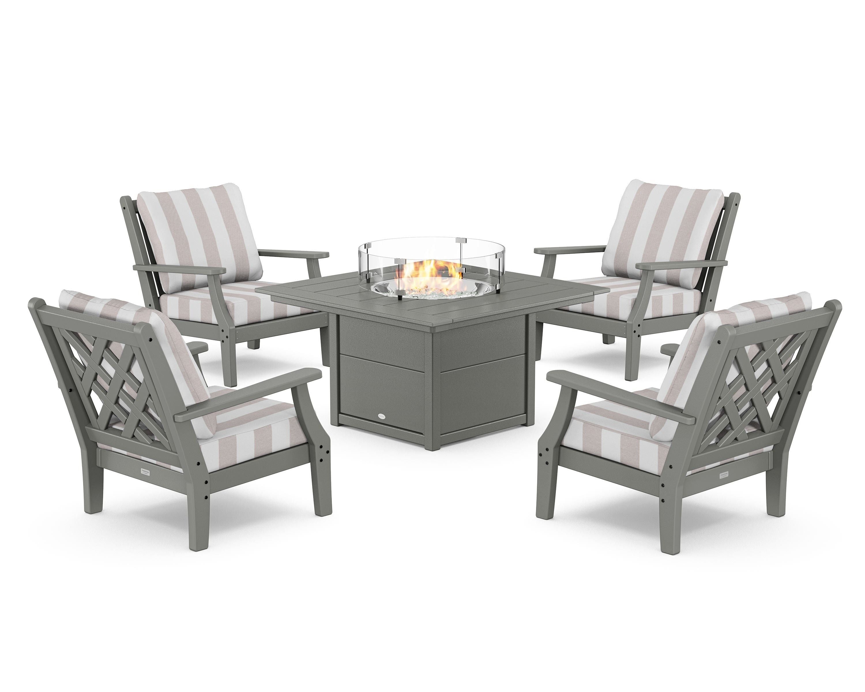 Country Living Wovendale 5-Piece Deep Seating Set with Fire Pit Table in Slate Grey / Cabana Stripe Dune Burlap