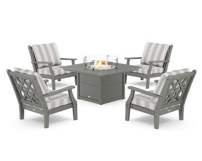 Country Living Wovendale 5-Piece Deep Seating Set with Fire Pit Table in Slate Grey / Cabana Stripe Dune Burlap