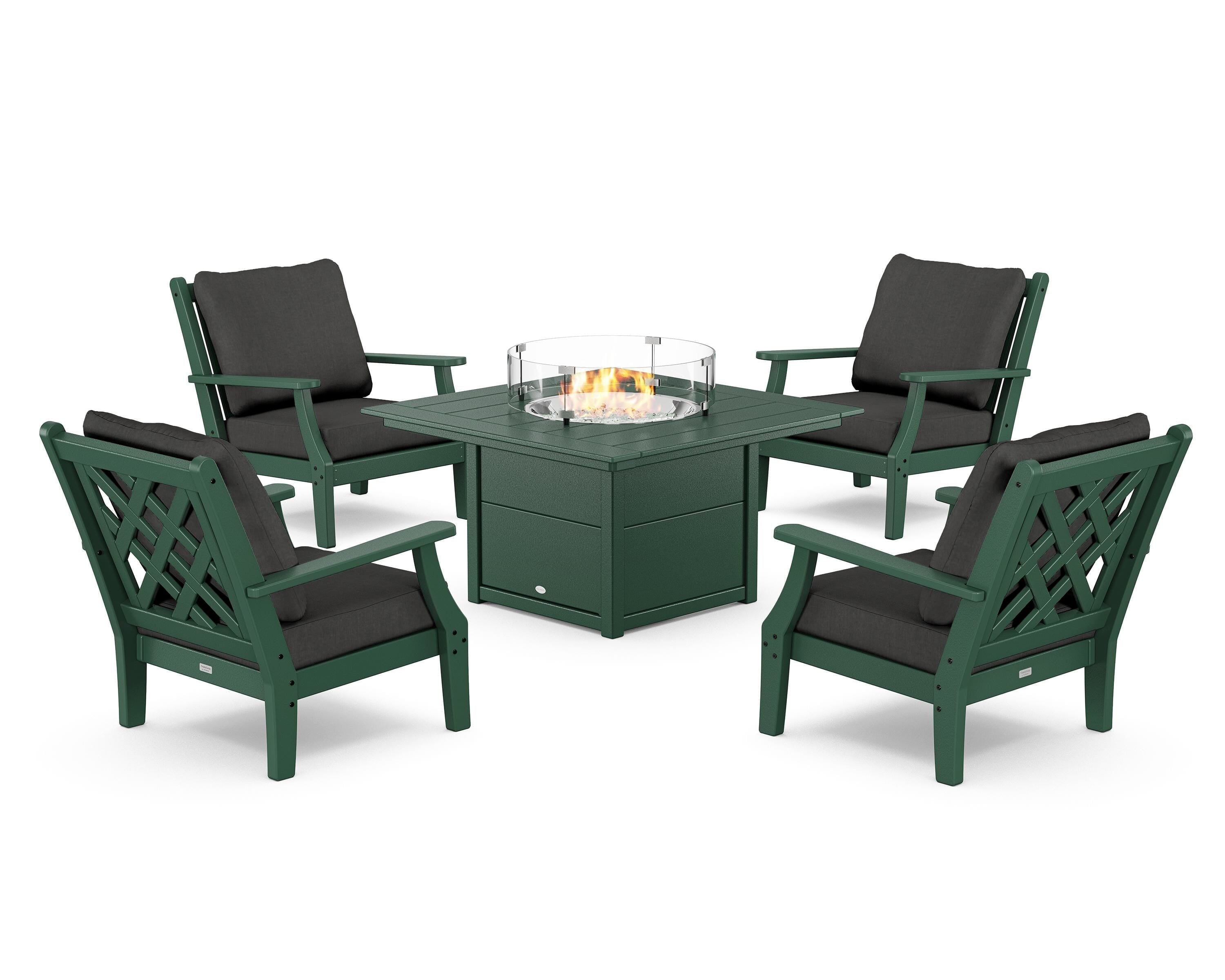 Country Living Wovendale 5-Piece Deep Seating Set with Fire Pit Table in Green / Spectrum Carbon