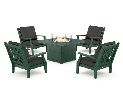 Country Living Wovendale 5-Piece Deep Seating Set with Fire Pit Table in Green / Spectrum Carbon