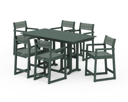 POLYWOOD® EDGE Sling Arm Chair 7-Piece Farmhouse Counter Set in Green / Dupioni Sea Mist Sling