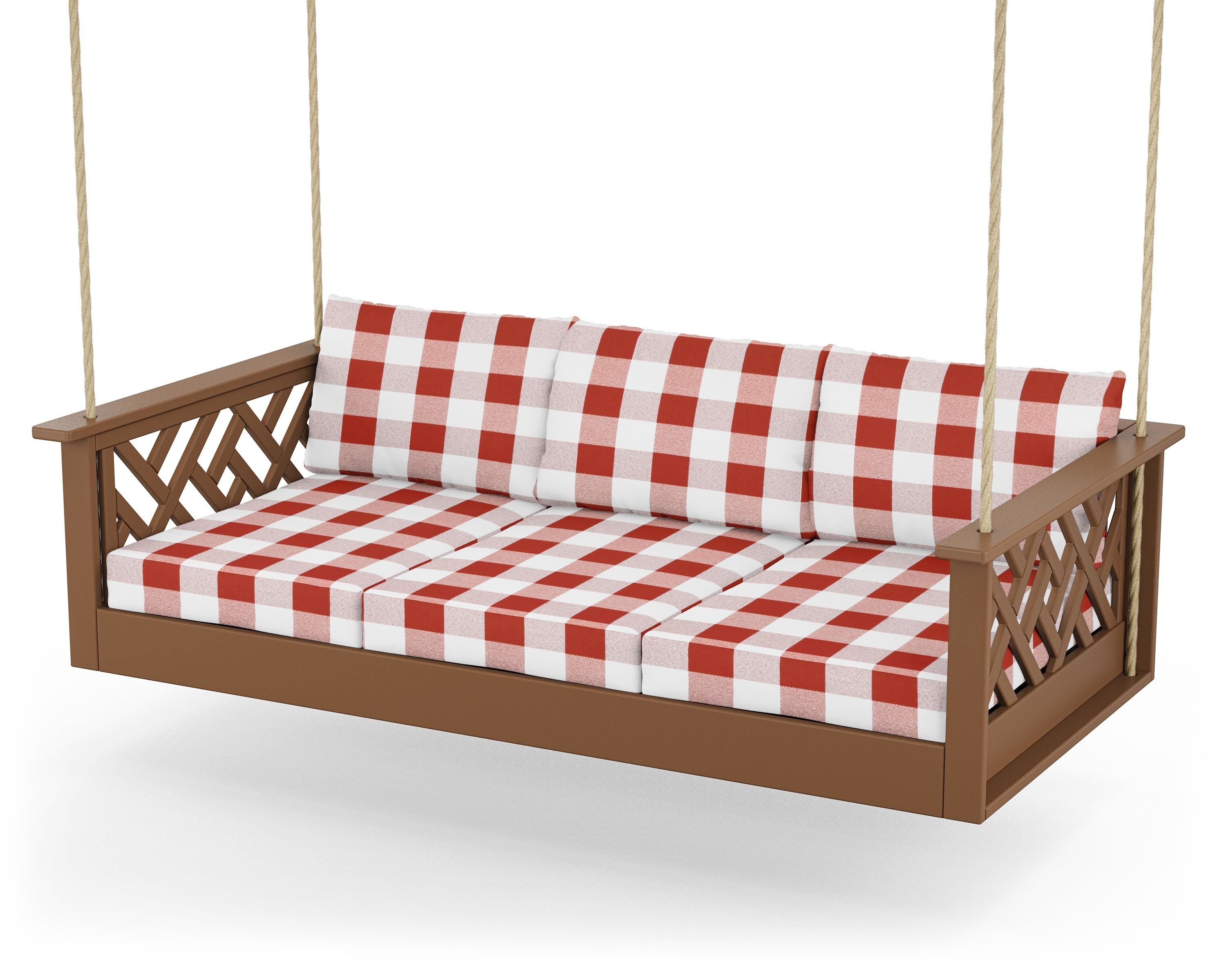 POLYWOOD® Chippendale Daybed Swing in Teak / Buffalo Plaid Crimson