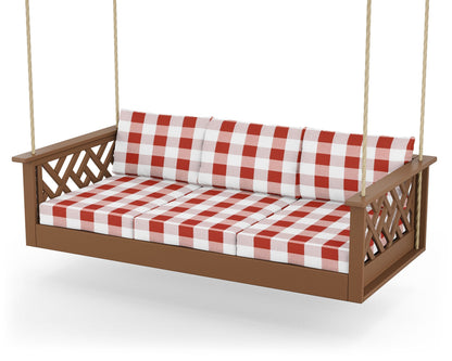 POLYWOOD® Chippendale Daybed Swing in Teak / Buffalo Plaid Crimson