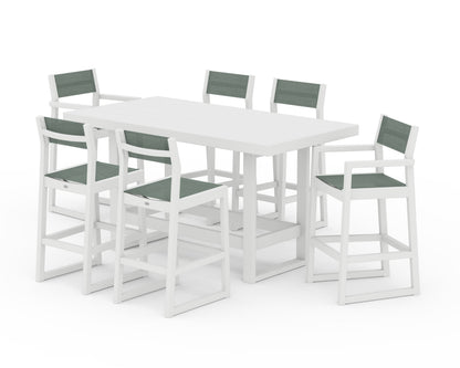 POLYWOOD® EDGE Sling 7-Piece Bar Table Set in White / Dupioni Sea Mist Sling