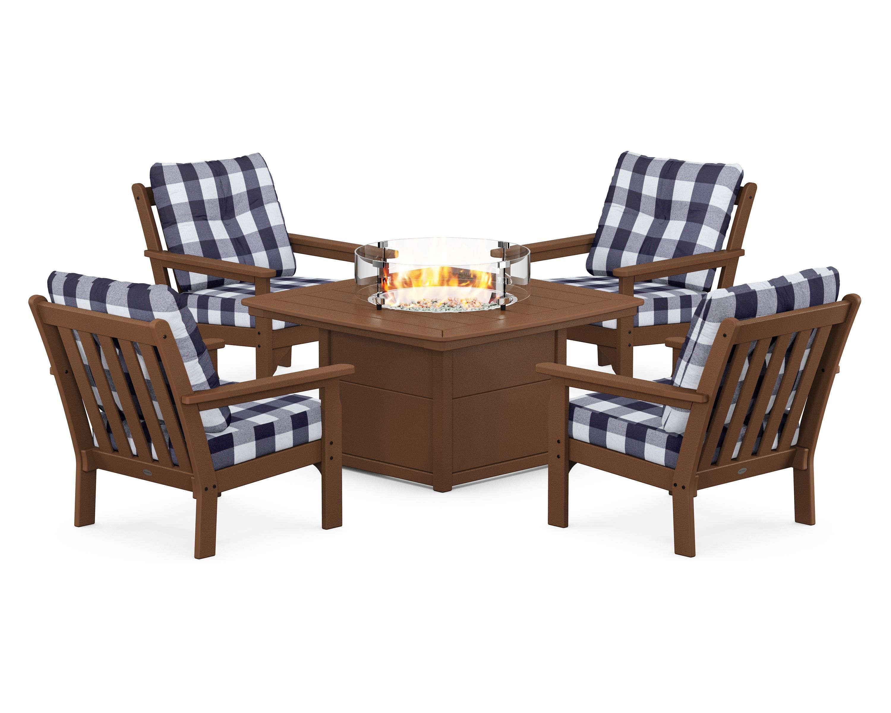 POLYWOOD® Vineyard 5-Piece Conversation Set with Fire Pit Table in Teak / Buffalo Plaid Navy