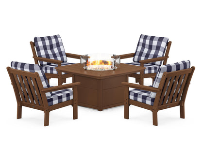 POLYWOOD® Vineyard 5-Piece Conversation Set with Fire Pit Table in Teak / Buffalo Plaid Navy
