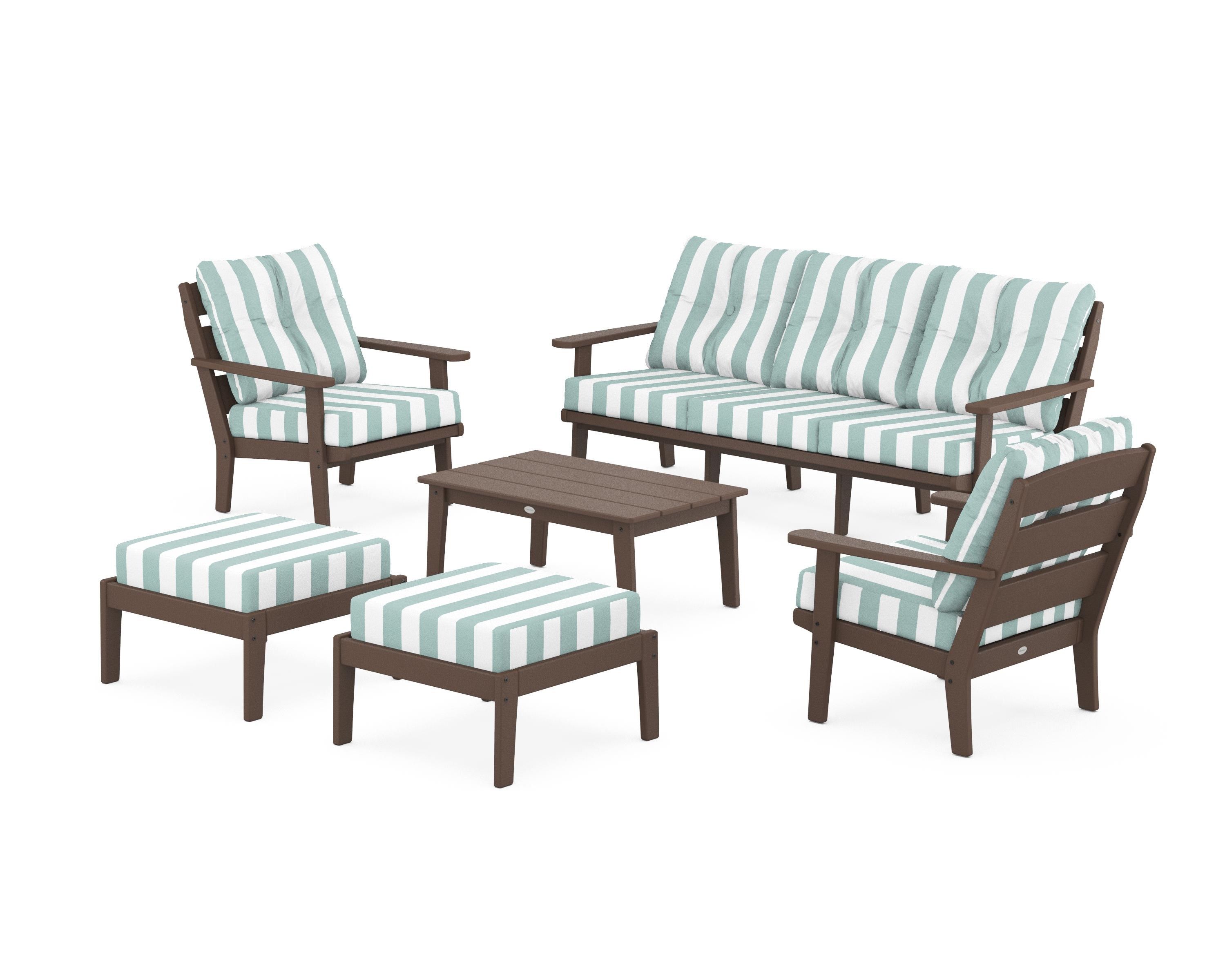 POLYWOOD® Lakeside 6-Piece Lounge Sofa Set in Mahogany / Cabana Stripe Glacier Spa