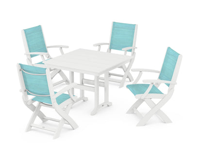 POLYWOOD® Coastal Folding Chair 5-Piece Farmhouse Dining Set in White / Dupioni Aquamarine Sling