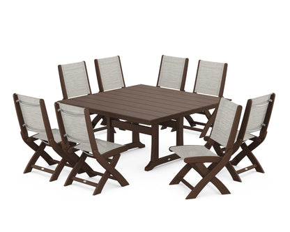 POLYWOOD® Coastal Folding Side Chair 9-Piece Farmhouse Dining Set in Mahogany / Birch Sling
