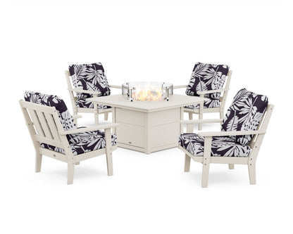 POLYWOOD® Oxford 5-Piece Deep Seating Set with Fire Pit Table in Sand / Leaf Navy