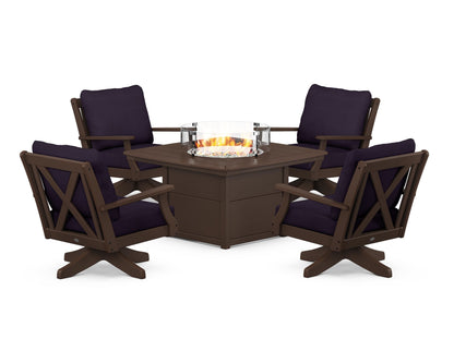 POLYWOOD® Braxton 5-Piece Deep Seating Swivel Conversation Set with Fire Pit Table in Mahogany / Navy Linen
