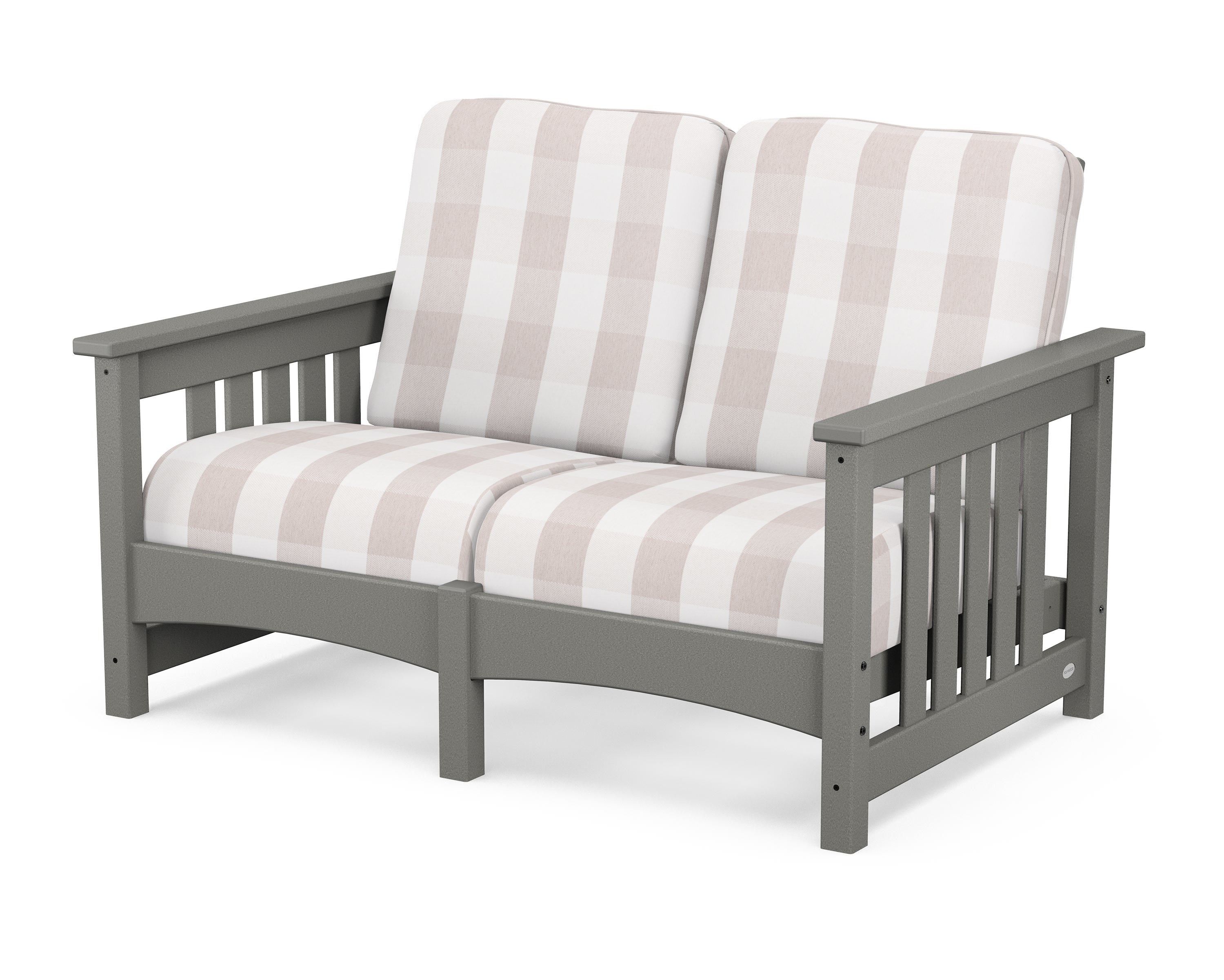 POLYWOOD® Club Mission Loveseat in Slate Grey / Buffalo Plaid Dune Burlap