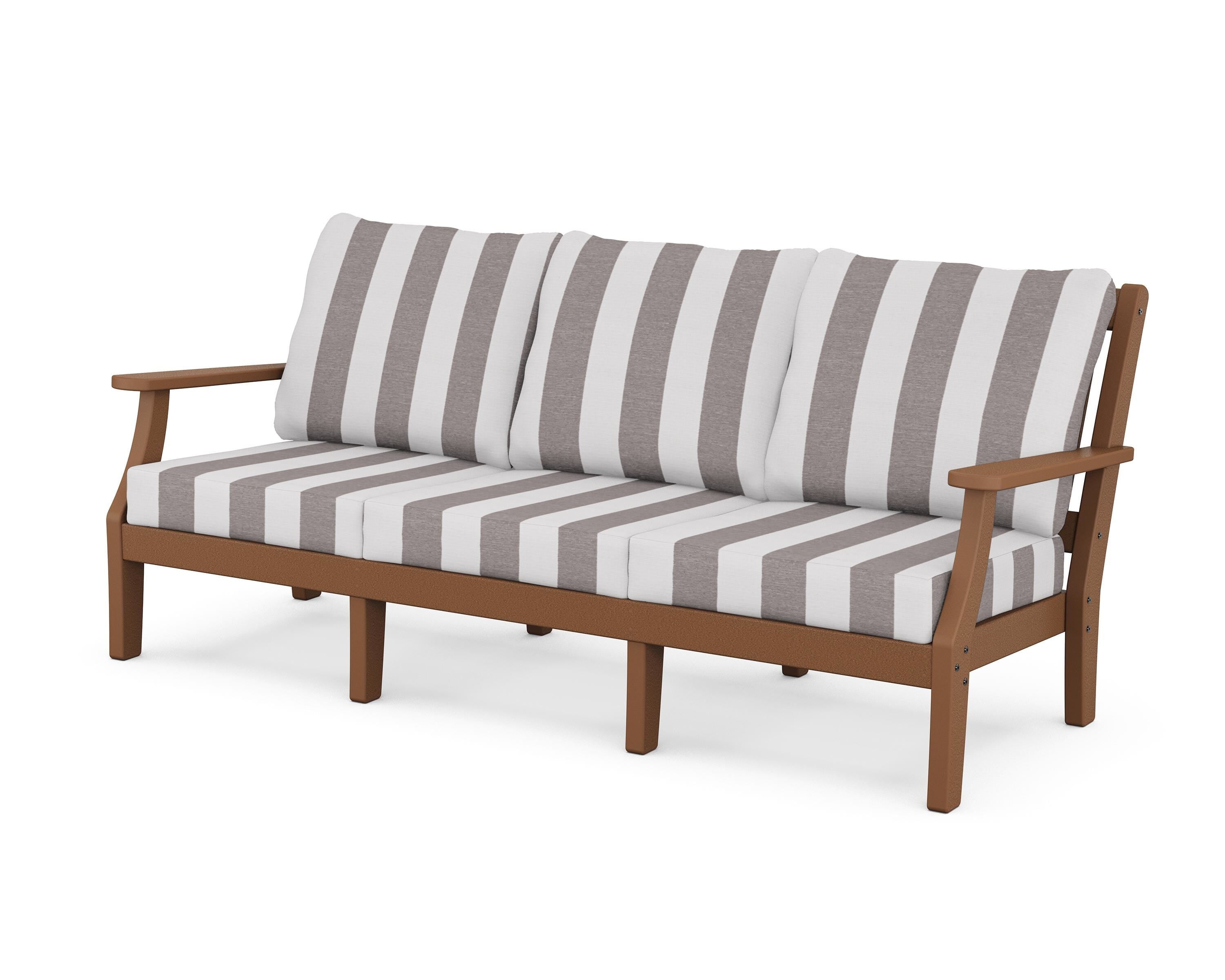 Martha Stewart by POLYWOOD® Chinoiserie Deep Seating Sofa in Teak / Cabana Stripe Grey Mist