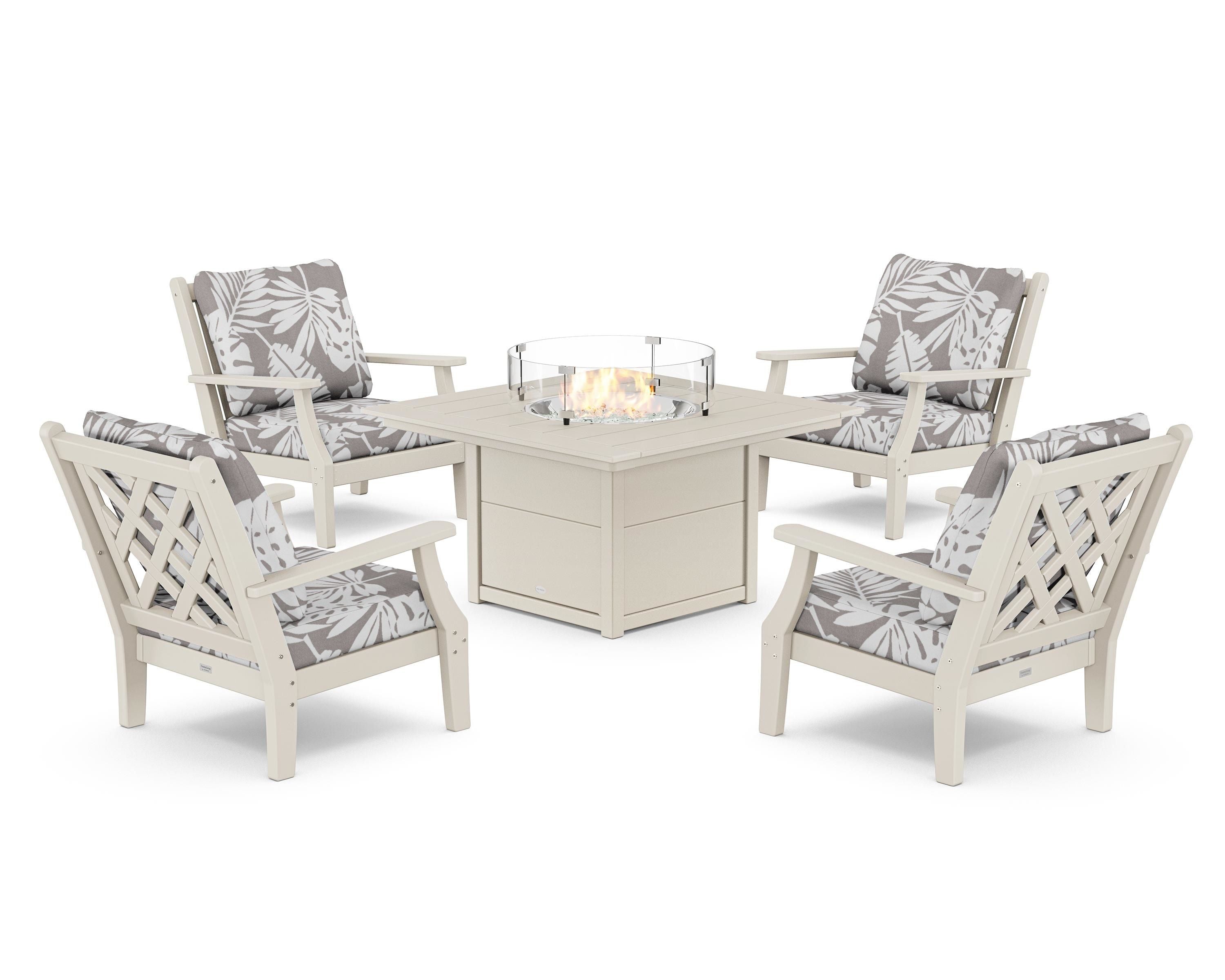 Country Living Wovendale 5-Piece Deep Seating Set with Fire Pit Table in Sand / Leaf Grey Mist