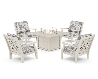 Country Living Wovendale 5-Piece Deep Seating Set with Fire Pit Table in Sand / Leaf Grey Mist