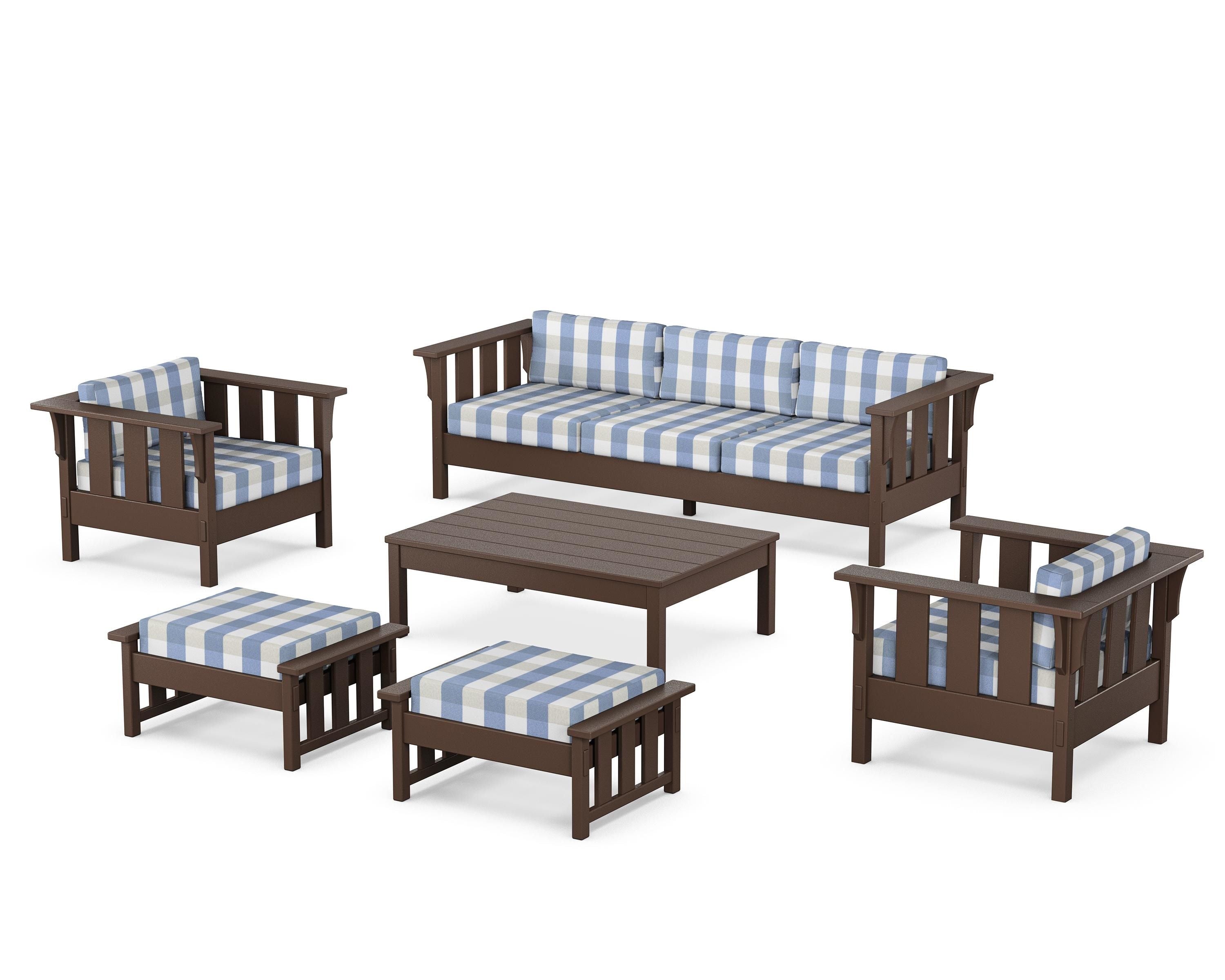 Martha Stewart by POLYWOOD® Acadia 6-Piece Lounge Sofa Set in Mahogany / Buffalo Plaid Sky Blue