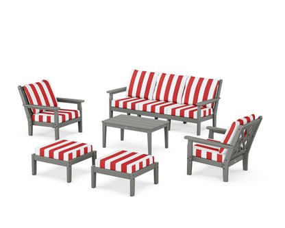 POLYWOOD® Chippendale 6-Piece Lounge Sofa Set in Slate Grey / Cabana Stripe Crimson