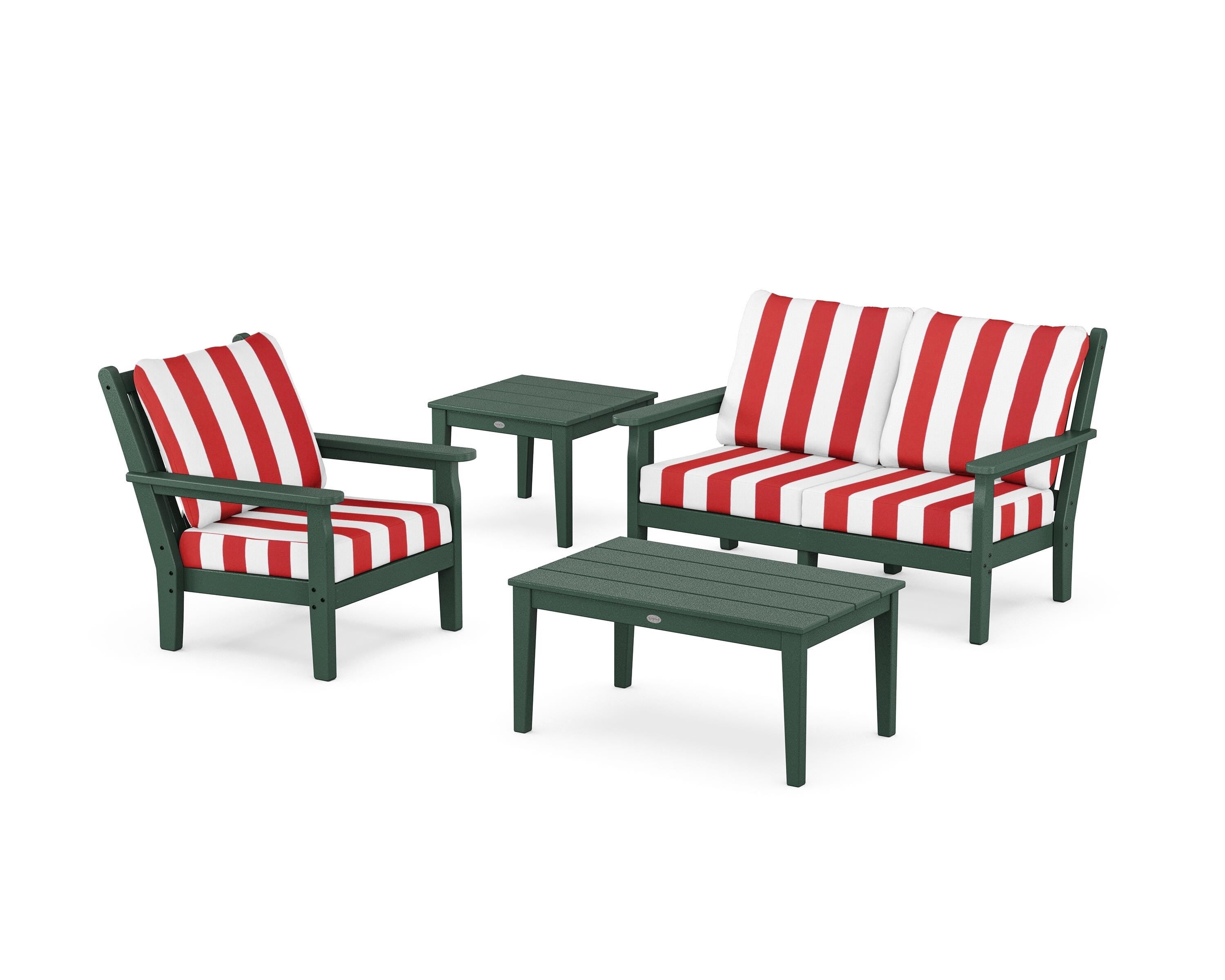 POLYWOOD® Chippendale 4-Piece Deep Seating Set in Green / Cabana Stripe Crimson