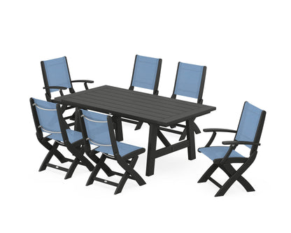 POLYWOOD® Coastal Folding Chair 7-Piece Rustic Farmhouse Dining Set in Black / Poolside Sling