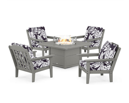 Country Living Cottage 5-Piece Deep Seating Set with Fire Pit Table in Slate Grey / Leaf Navy