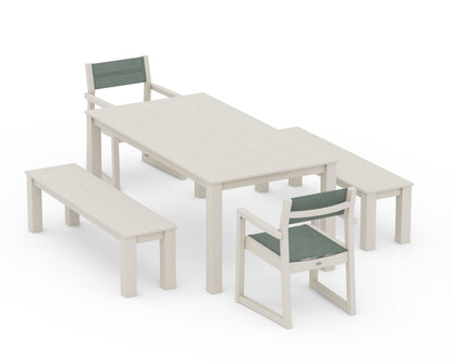 POLYWOOD® EDGE Sling Arm Chair 5-Piece Parsons Dining Set with Benches in Sand / Dupioni Sea Mist Sling