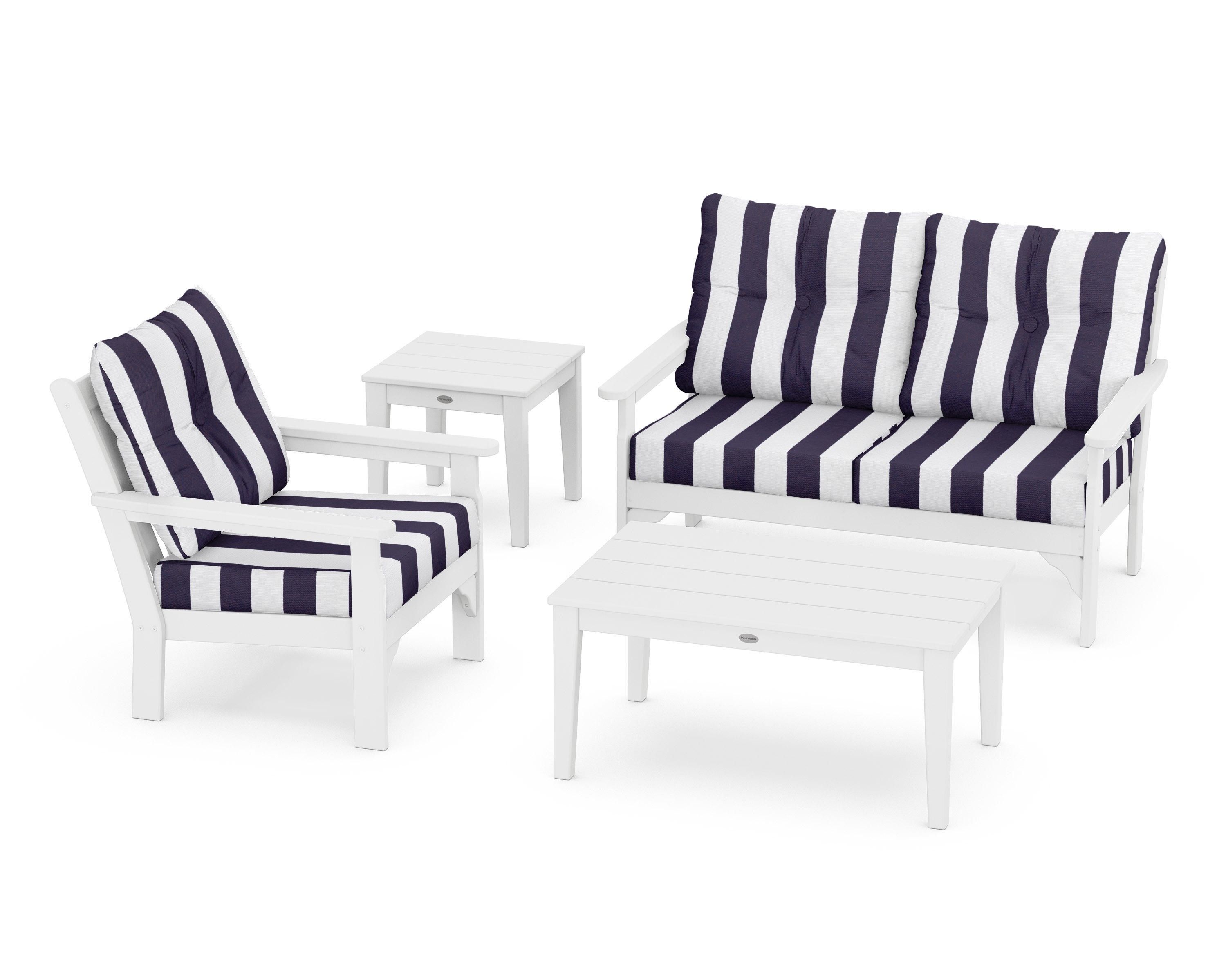 POLYWOOD® Vineyard 4-Piece Deep Seating Set in White / Cabana Stripe Navy