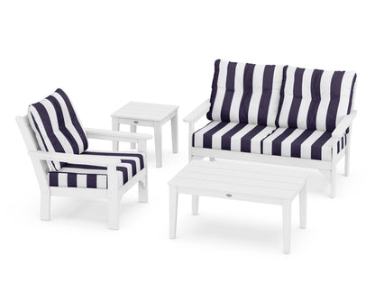 POLYWOOD® Vineyard 4-Piece Deep Seating Set in White / Cabana Stripe Navy
