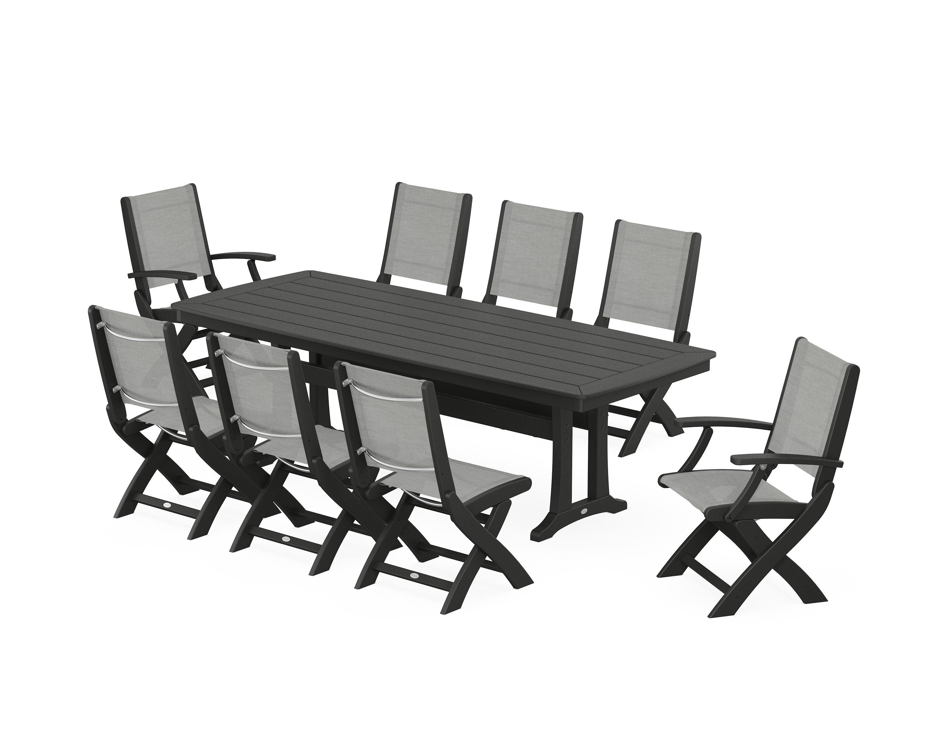 POLYWOOD® Coastal Folding 9-Piece Dining Set with Trestle Legs in Black / Metallic Sling