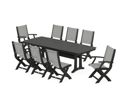 POLYWOOD® Coastal Folding 9-Piece Dining Set with Trestle Legs in Black / Metallic Sling