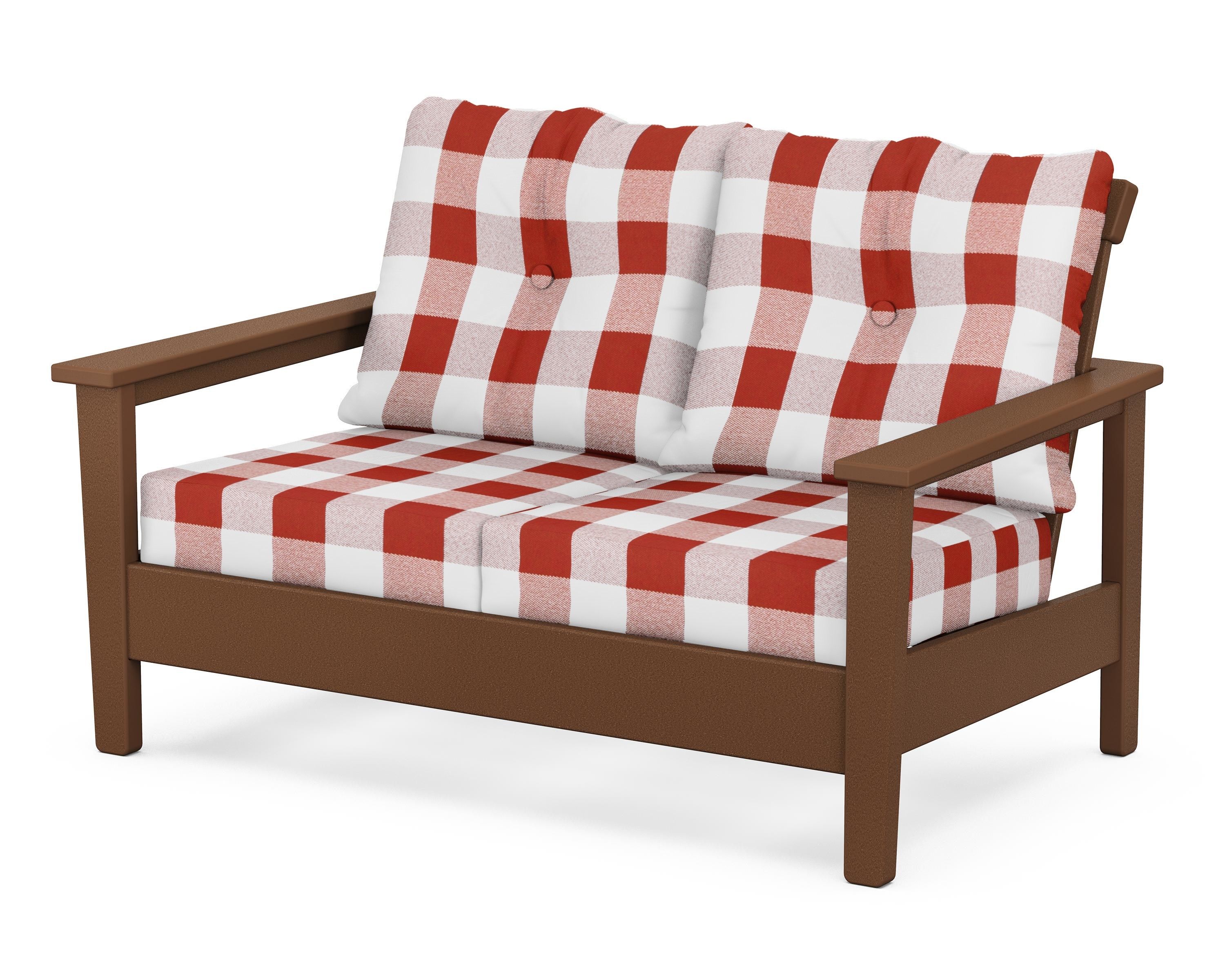 POLYWOOD® Prescott Deep Seating Loveseat in Teak / Buffalo Plaid Crimson