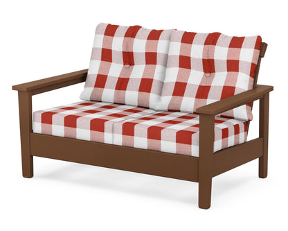 POLYWOOD® Prescott Deep Seating Loveseat in Teak / Buffalo Plaid Crimson