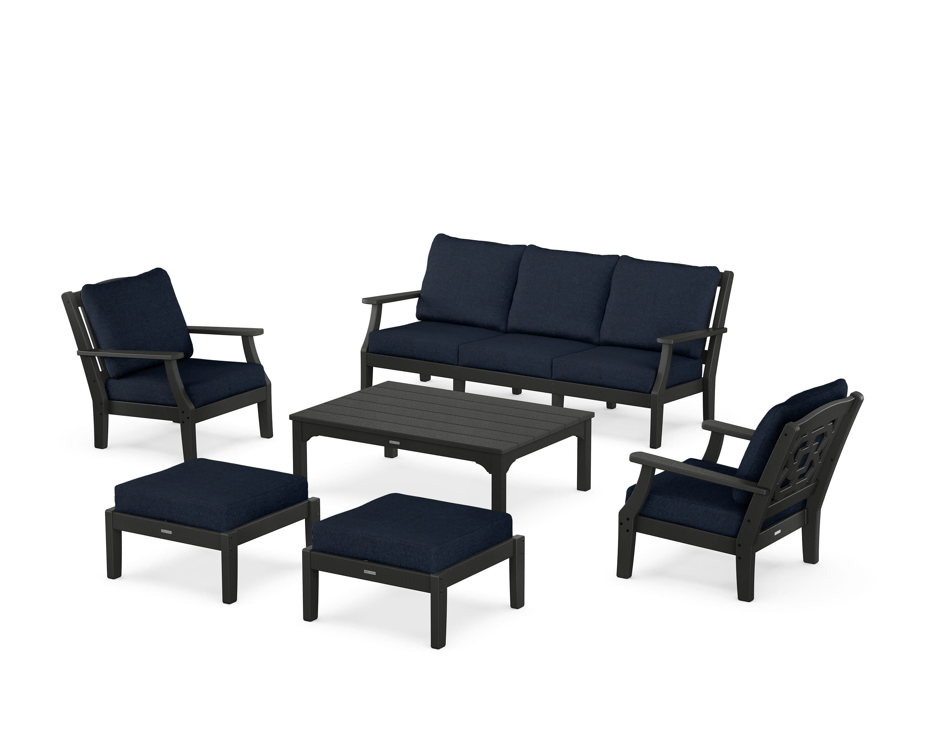 Martha Stewart by POLYWOOD® Chinoiserie 6-Piece Lounge Sofa Set in Black / Marine Indigo