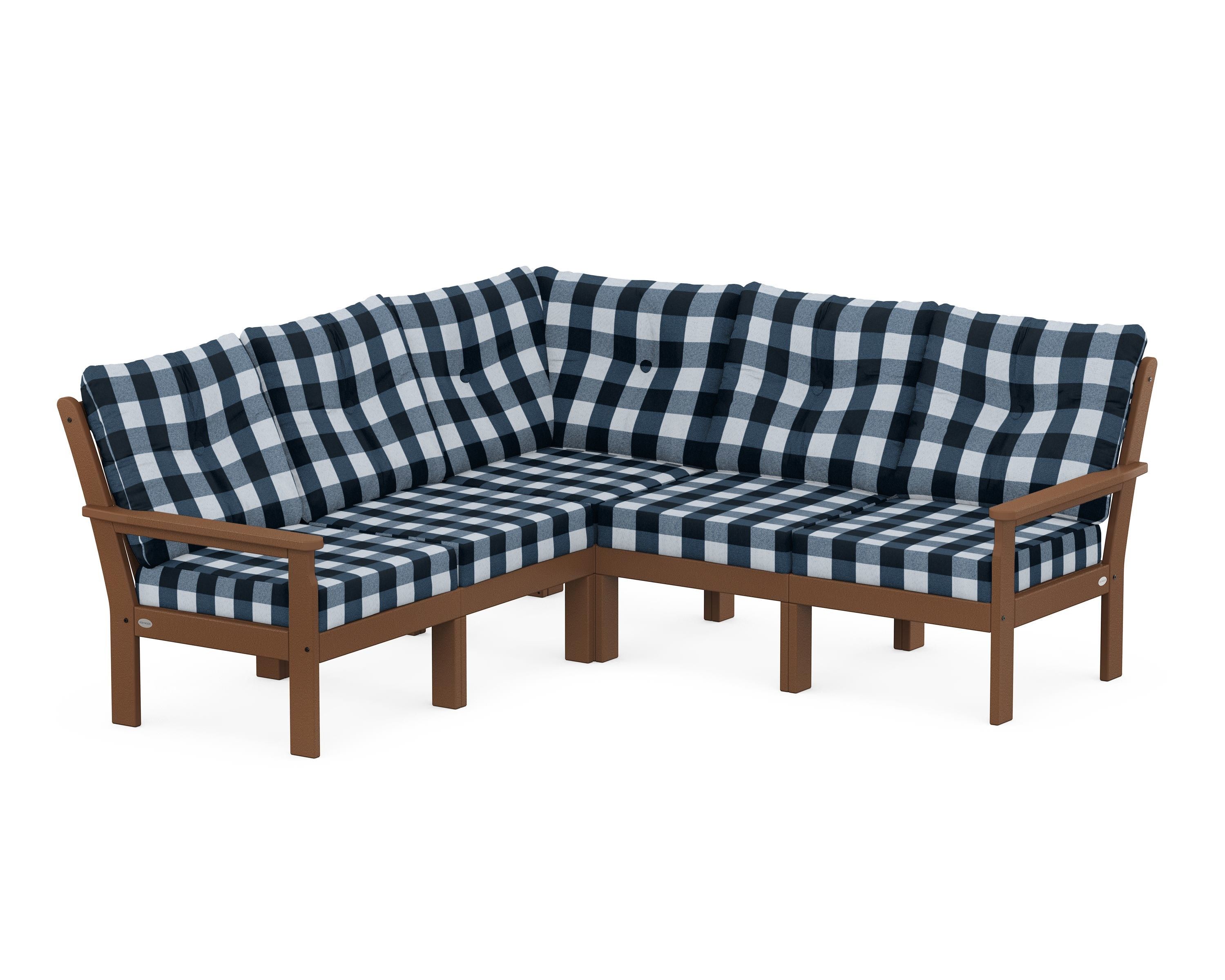 POLYWOOD® Vineyard 5-Piece Sectional in Teak / Buffalo Plaid Marine Indigo