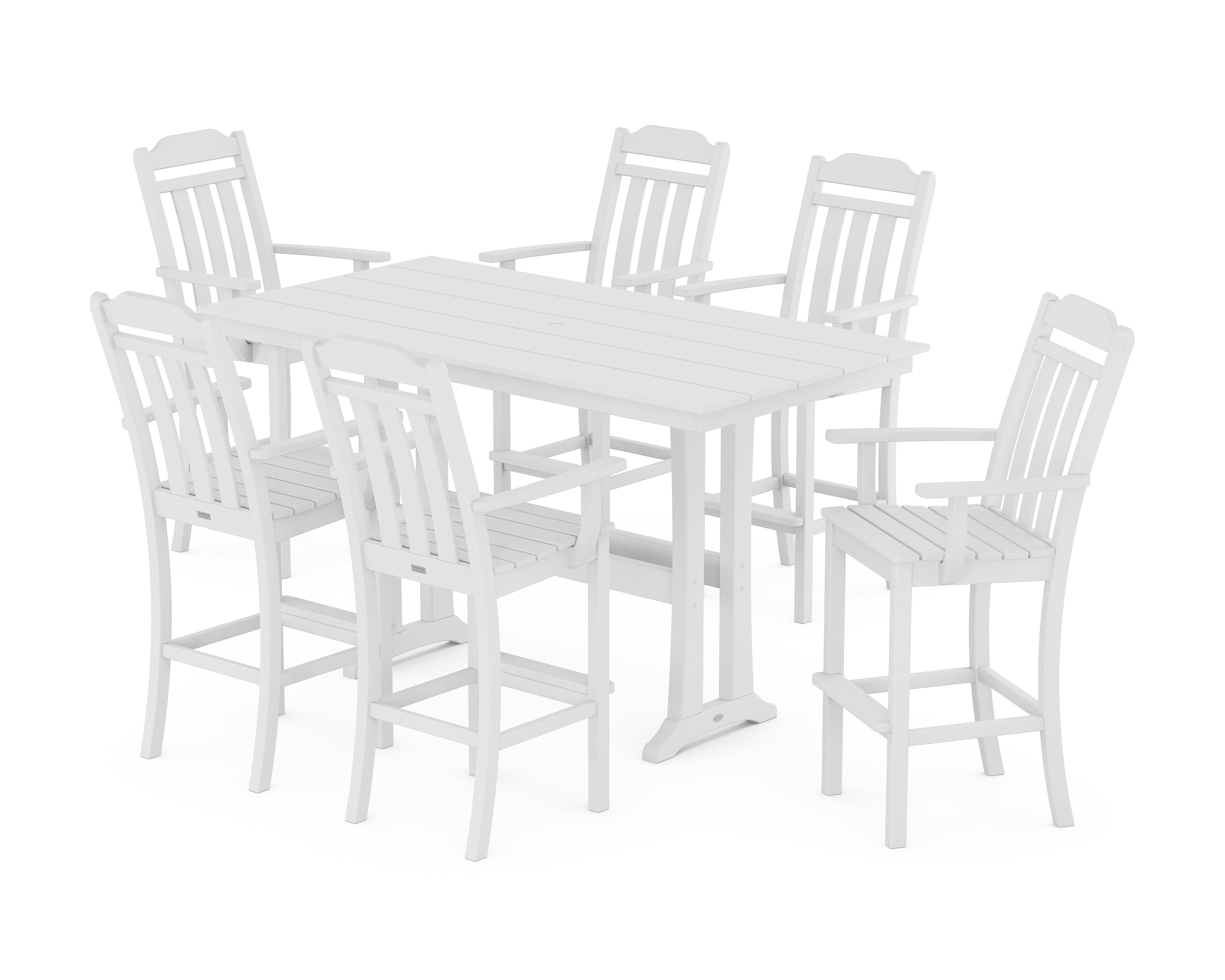 Country Living Cottage Arm Chair 7-Piece Farmhouse Bar Set with Trestle Legs in White