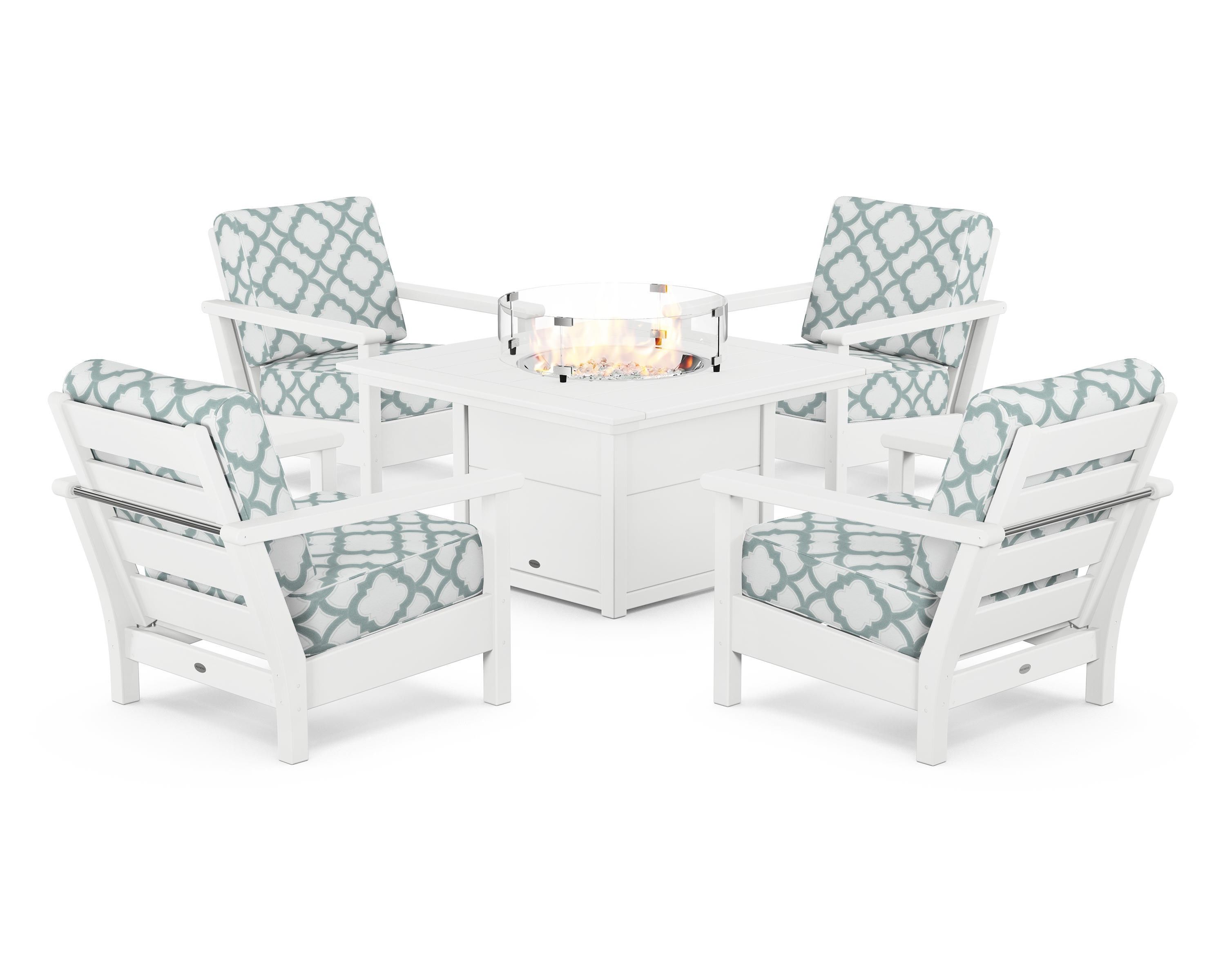 POLYWOOD® Harbour 5-Piece Conversation Set with Fire Pit Table in White / Trellis Glacier Spa