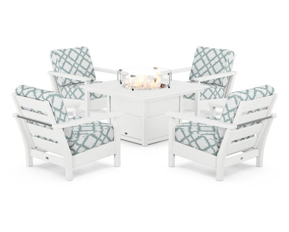POLYWOOD® Harbour 5-Piece Conversation Set with Fire Pit Table in White / Trellis Glacier Spa