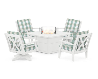 POLYWOOD® Braxton 5-Piece Deep Seating Set with Fire Table in White / Buffalo Plaid Glacier Spa
