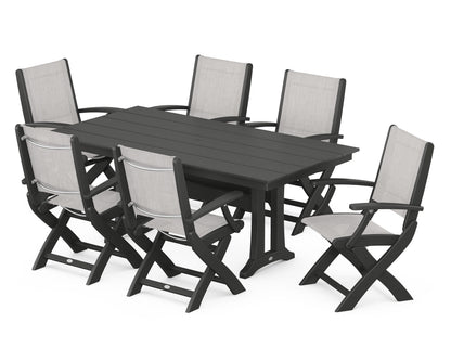 POLYWOOD® Coastal Folding Arm Chair 7-Piece Farmhouse Dining Set with Trestle Legs in Black / Parchment Sling