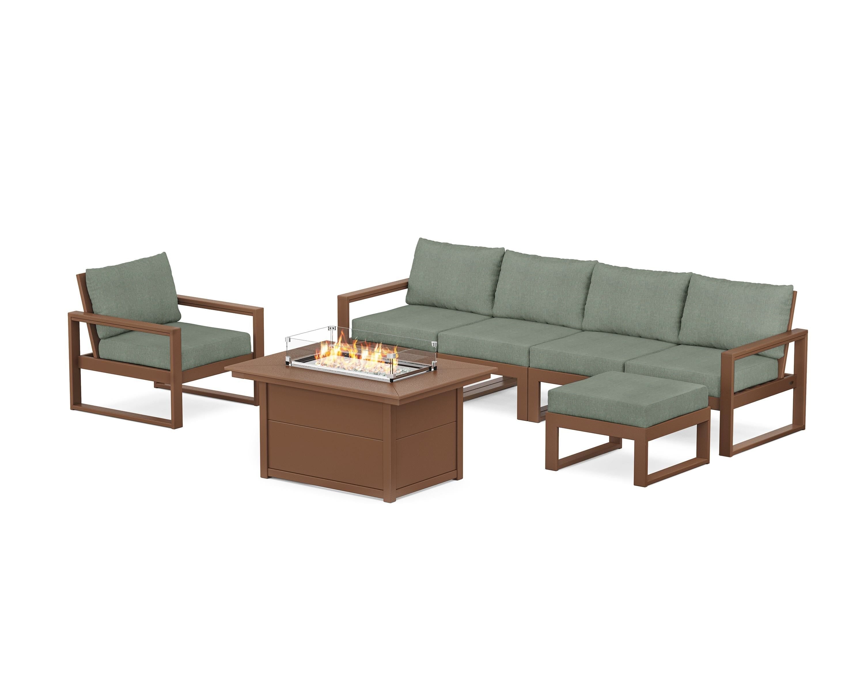 POLYWOOD® EDGE Sectional Lounge and Fire Pit Set in Teak / Cast Sage